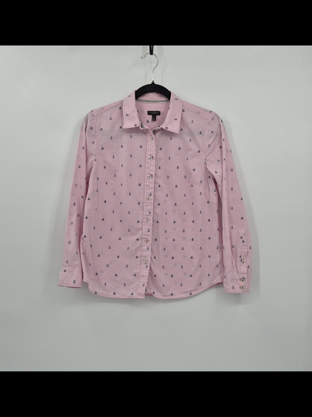 Talbots Shirt Womens SP Pink Nautical Sailboat Anchor Striped Button Up Cotton